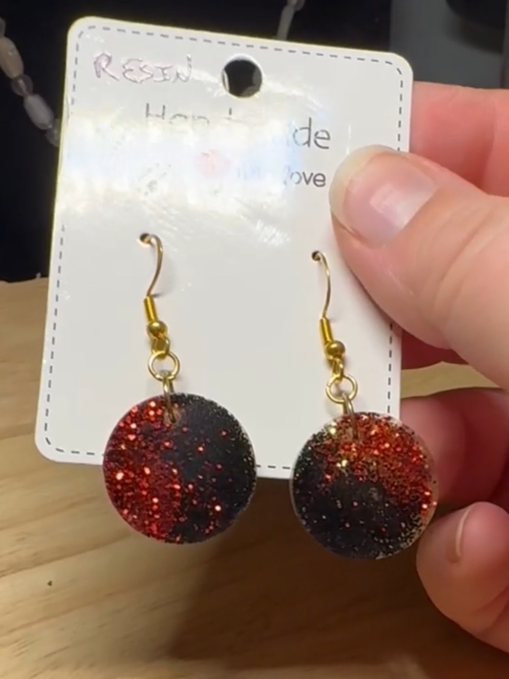 Hand Crafted Black and Red Glitter Round Drop Earrings